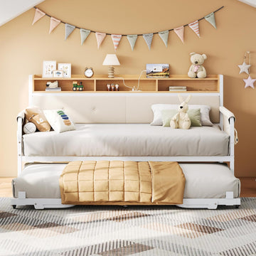 Daybed with Trundle, Twin Bed Frame,White | with Upholstered Headboard and Charging Station, Sofa Day Bed with Strong