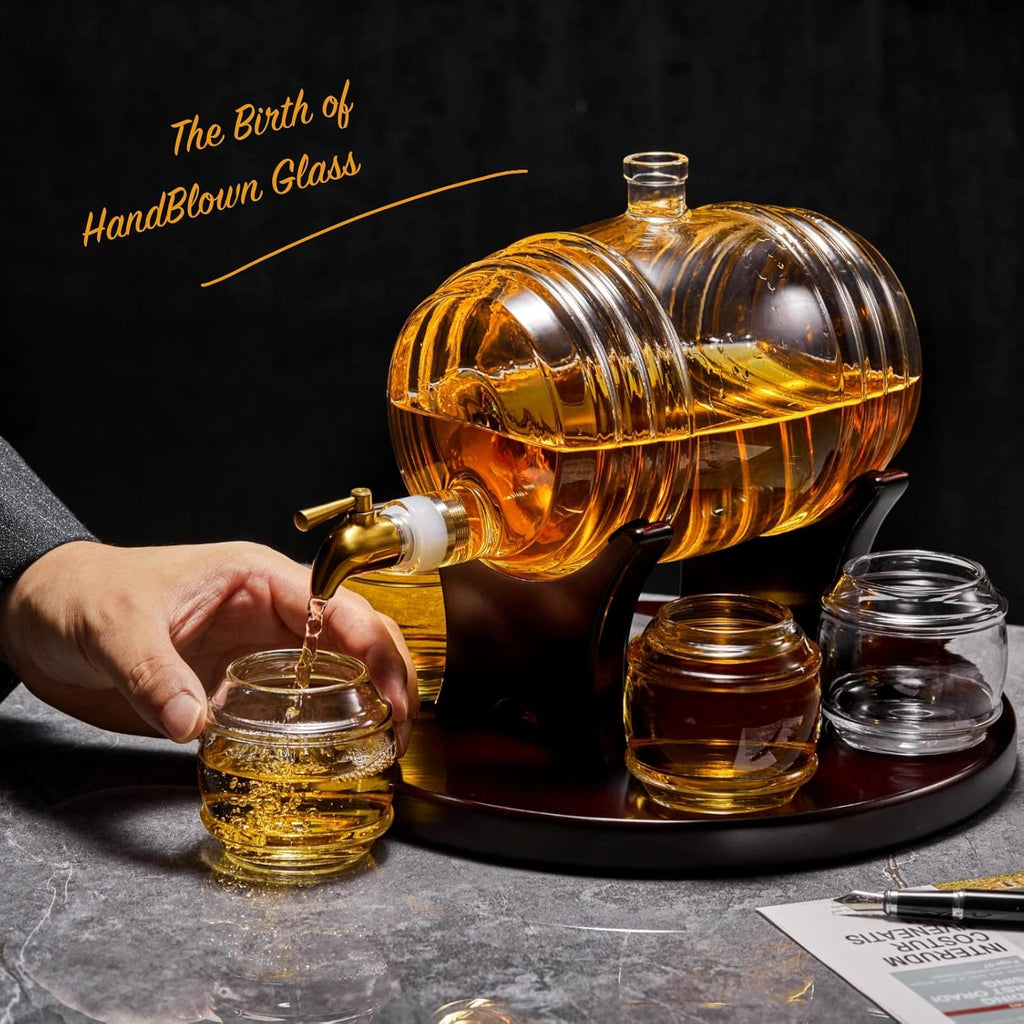 Whiskey Barrel Decanter Set Bar, Unique Birthday Gifts for Men Dad, 1.3 Liter Barrel Liquor Dispenser with 4 Glasses - Set of 7