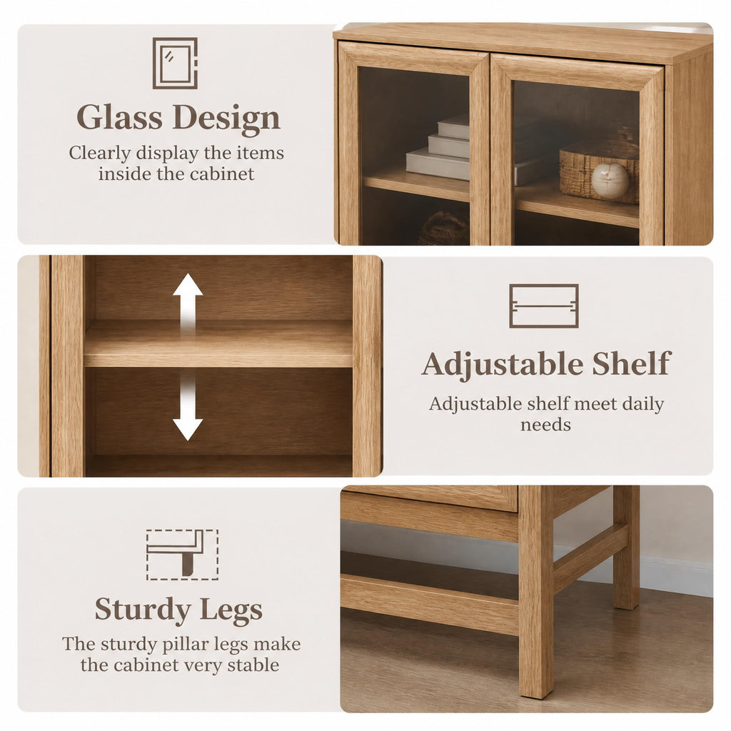 Sideboard Buffet Cabinet with Storage, Small Kitchen Coffee Wine Bar Cabinet with Glass Press-to-Open Doors, Wood Mid