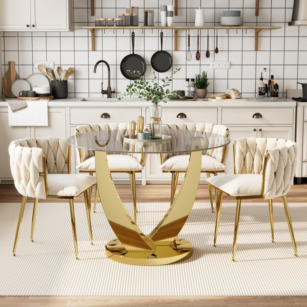 38.9" Modern Round Glass Dining Table for 2-4 People, Gold Base