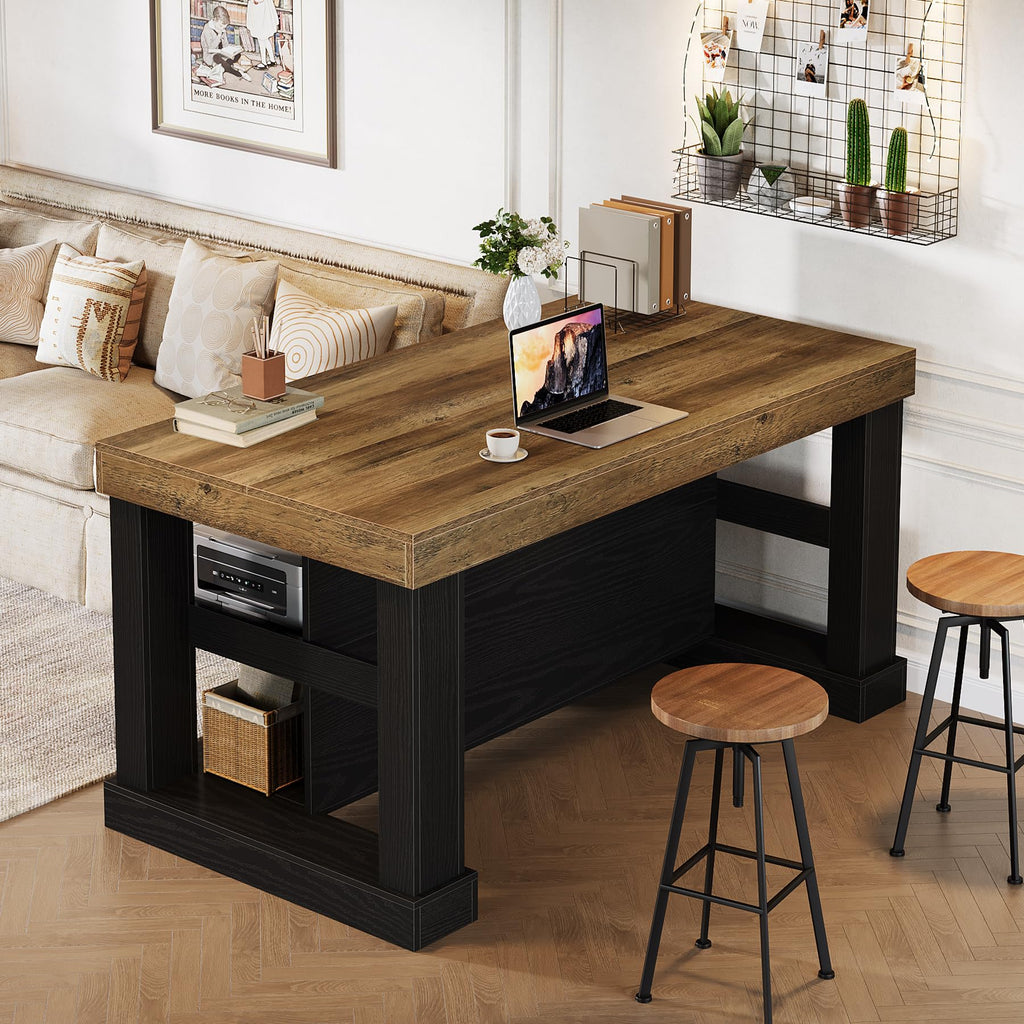 Rectangular Bar Table, High Top Pub Table with 3 Shelves