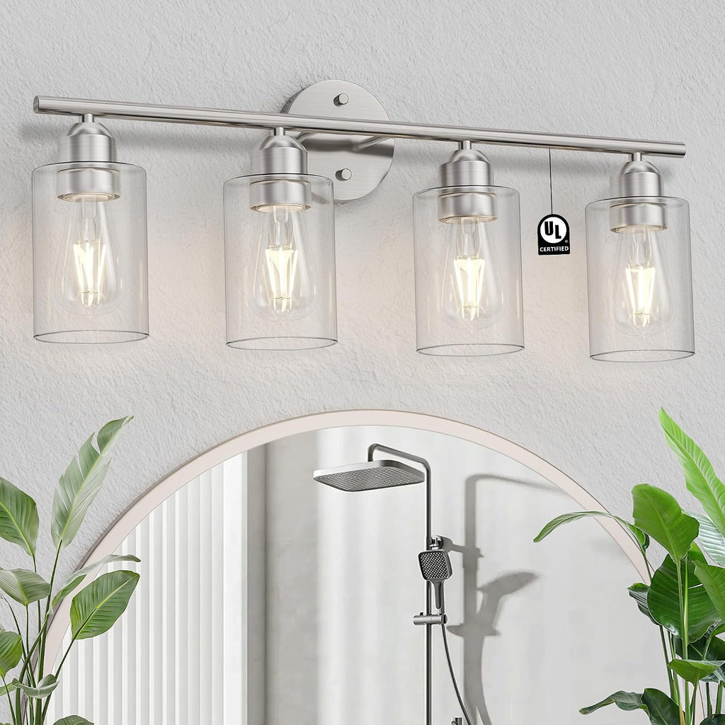 Bathroom Vanity Light Fixtures Brushed Nickel,4 Lights Rustic Farmhouse Vanity Bar Lighting Over Mirror Modern