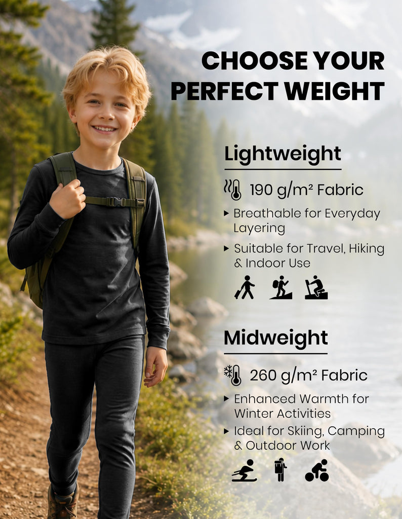 Unisex Kids 100% Merino Wool Base Layer Thermal Set Lite Black 7-8