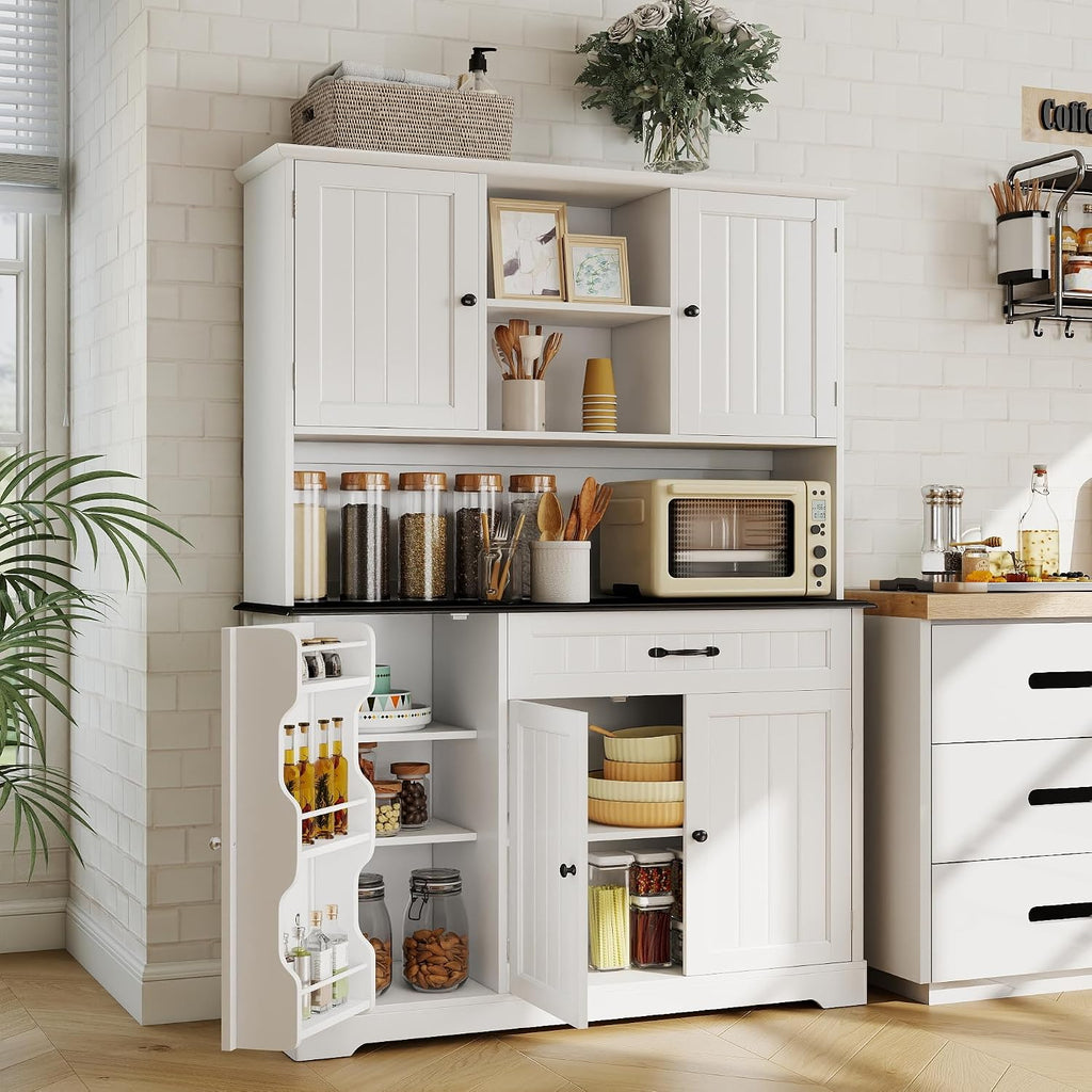 Tall Kitchen Storage Cabinet with Door and Shelves White and Black | Kitchen Pantry Cabinet with Storage 67" Large