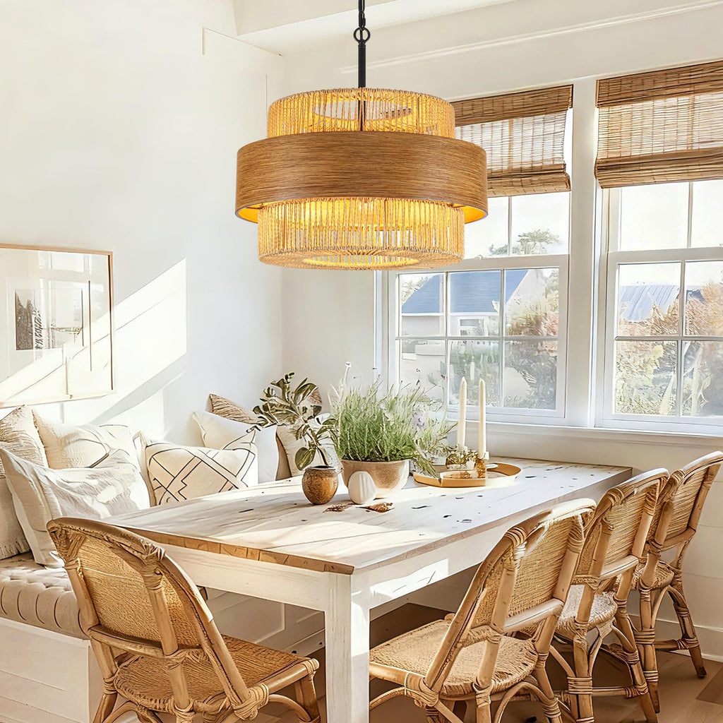 Rattan Chandelier, 5 Lights 19.68" Hand Woven Drum Boho Rattan Light Fixture
