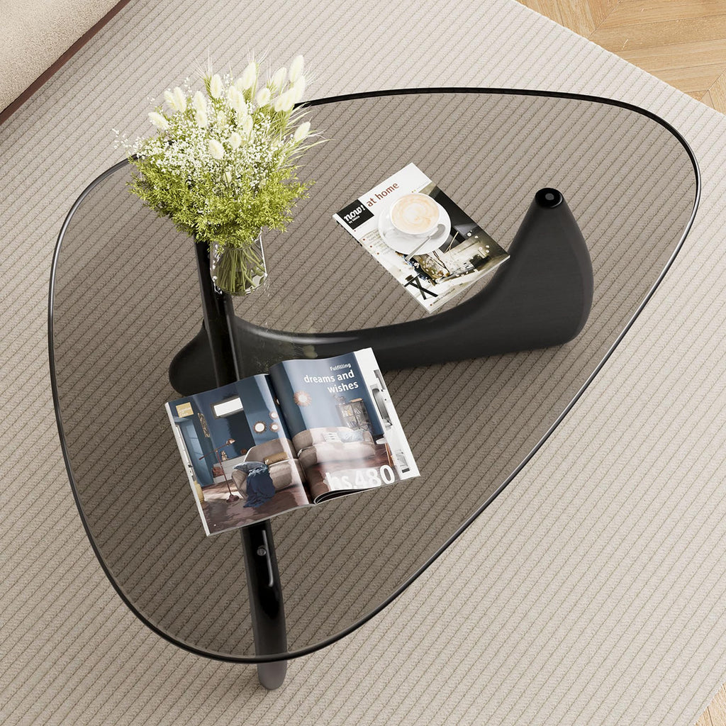 Inspired Noguchi Style Modern Glass Coffee Table, 43''W Large Mid Century Triangle Coffee Table Bedroom Reception Office Tables