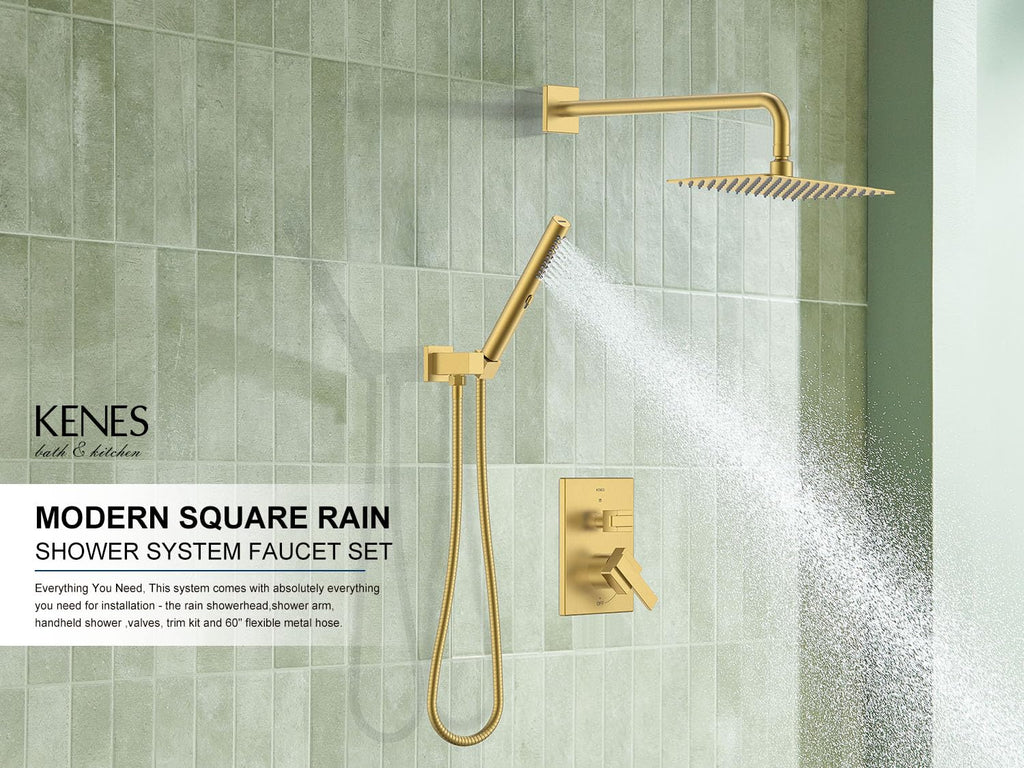 Brushed Gold Square Rainfall Shower System Faucet Set with Handheld
