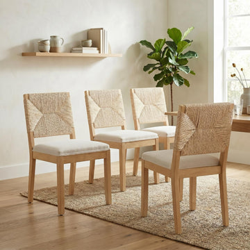 French Country Dining Chairs Set of 4, Beige Farmhouse Wood Dining Room Chairs, Woven Back Linen Upholstered Dining