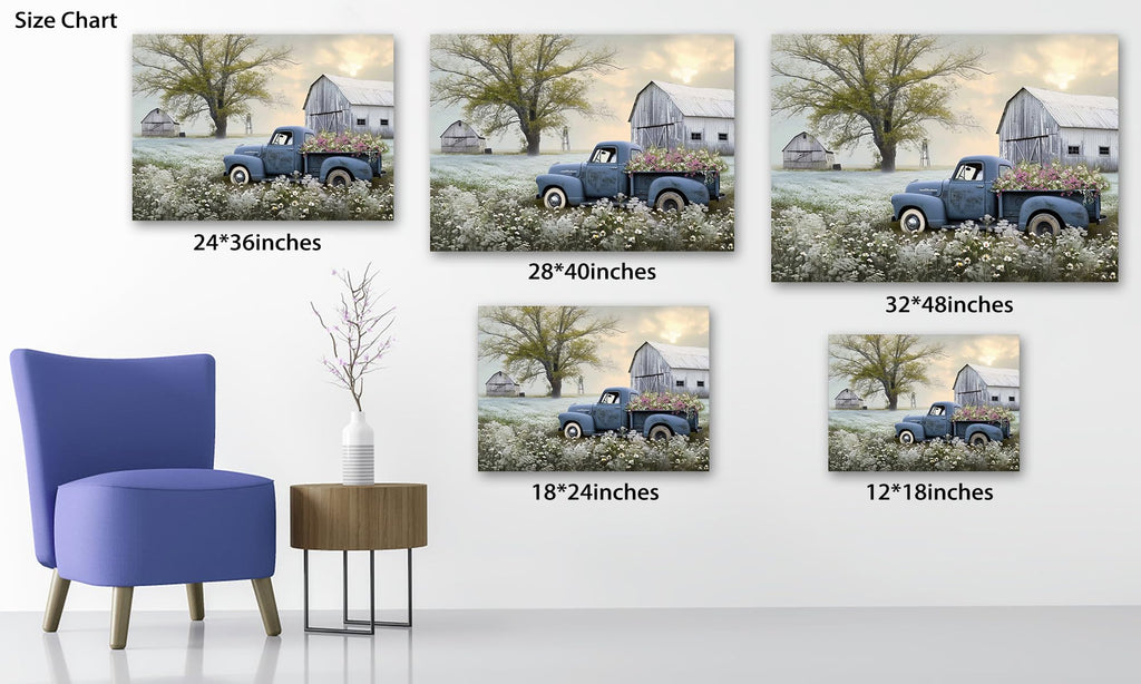 Farmhouse Old Truck Canvas Wall Art, Pictures Wall Art, Country Antique Pickup Truck Canvas Prints, Blue Truck With