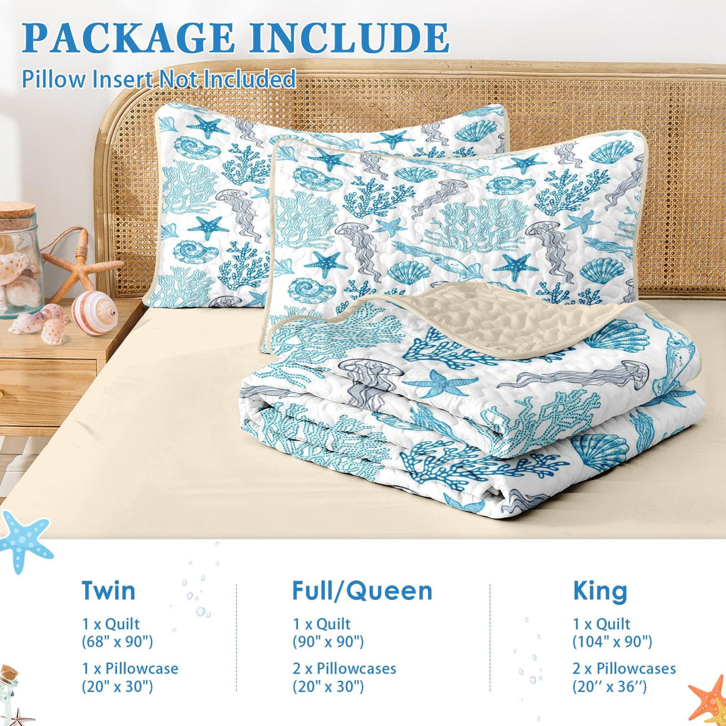Quilt Set, 3 Pieces Ocean Beach Bedding, Bedspread