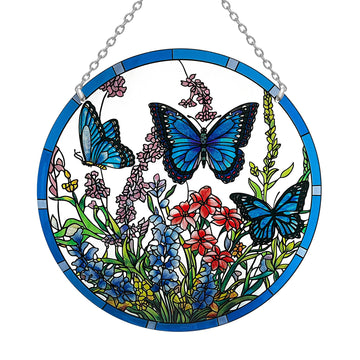 Butterfly Stained Glass Suncatcher, 8.6 inch Large Sun Catchers with Hook and Chain, Blue Butterfly Decorations Gifts