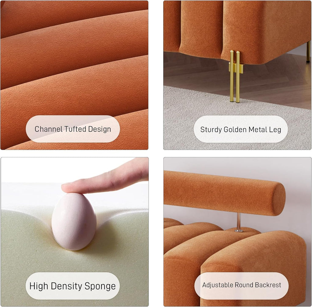 52" Velvet Bench Bedroom Ottoman Bench with Adjustable Back, Orange