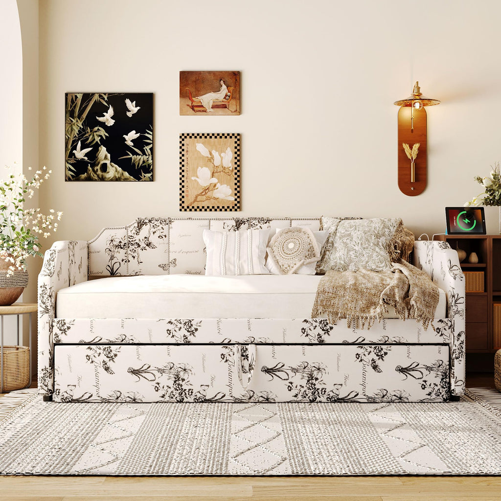 Twin Size Daybed with Trundle, Linen Upholstered Extendable Sofa Bed Frame with USB Ports, Space-Saving Twin to King