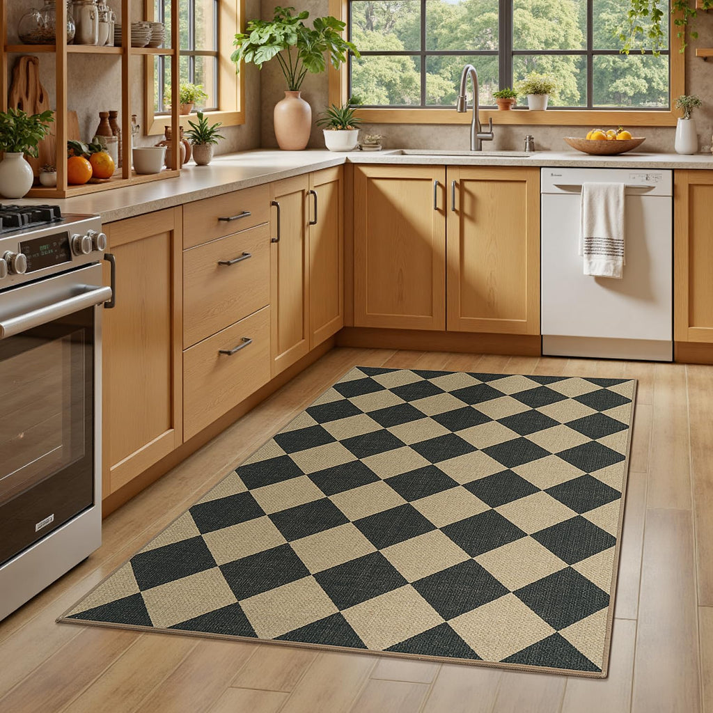 Checkered Outdoor Patio Rug, Washable Easy Jute