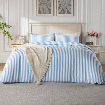 Duvet Cover Set, Blue Striped Comforter Cover with Button Closure, Breathable and Cooling, Includes 1 Duvet