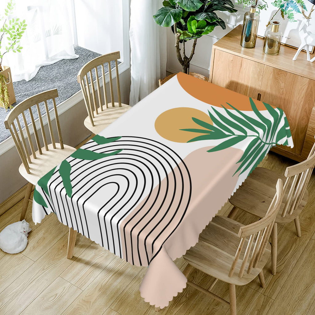 60x84inches Mid Century Modern Art Table Cloth Abstract Geometric Boho Rainbow Sun Green Leaves Tablecloths