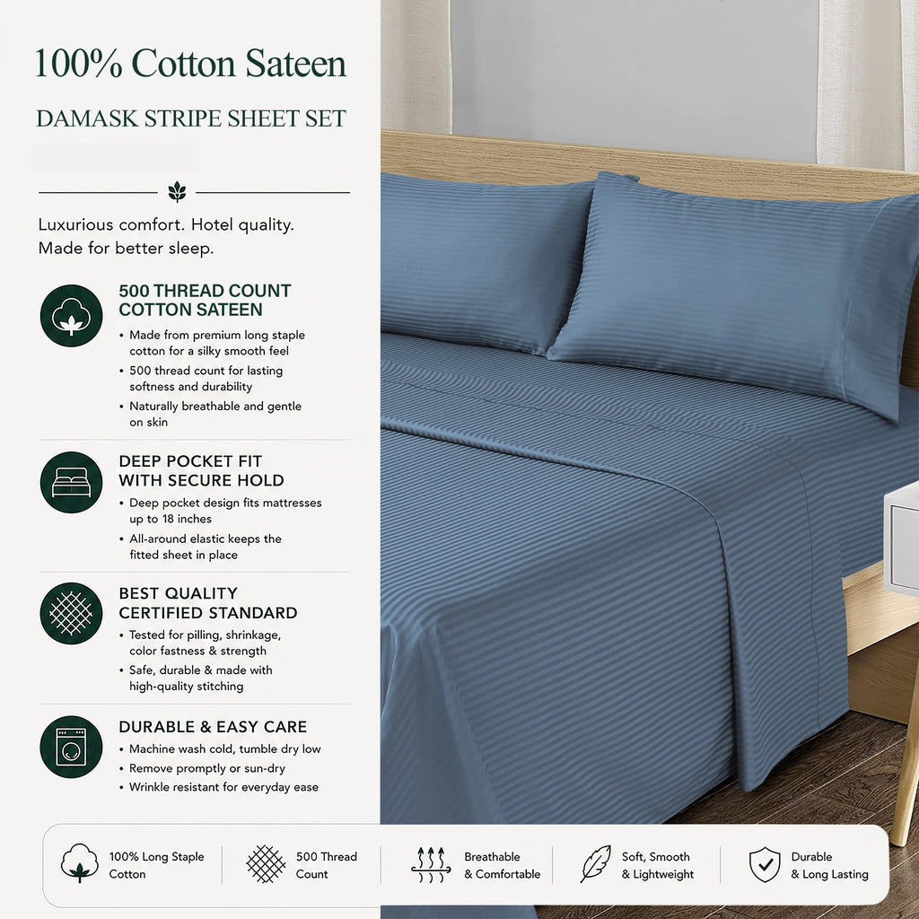 & Stitch 100% Cotton Sateen 500 TC Bed Sheet Set