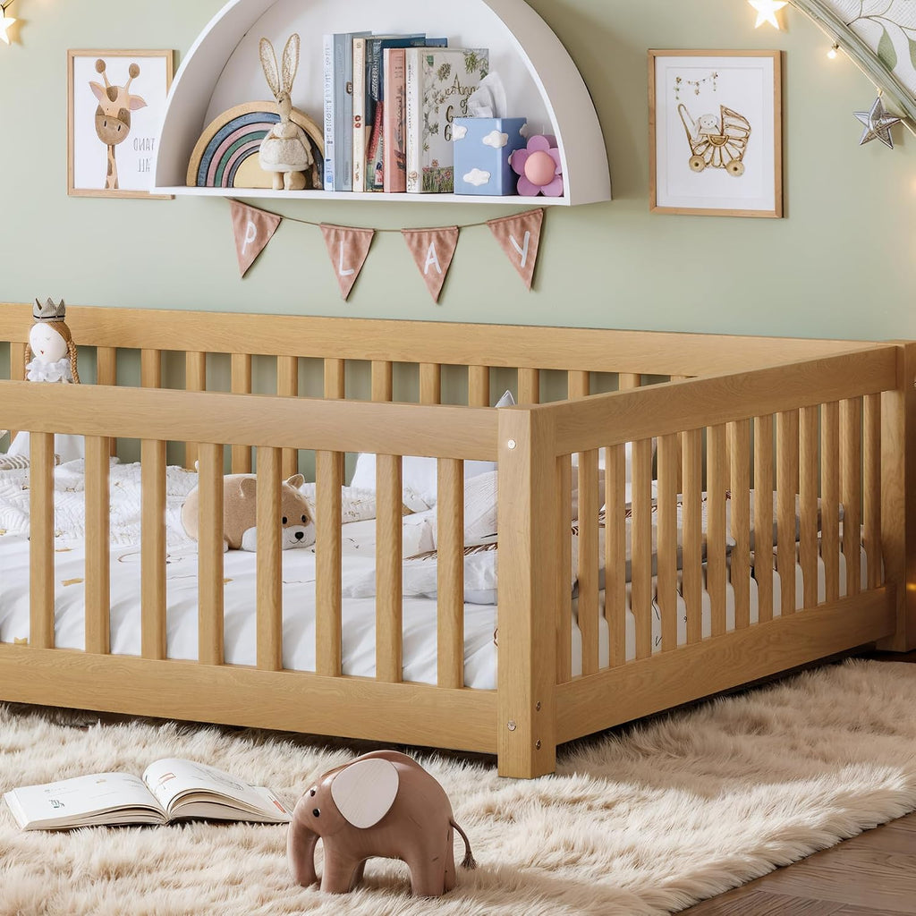 Queen Size Montessori Floor Bed Frame with Slats and Fence for Kids,Natural | Solid Wood,Full Surround Safety