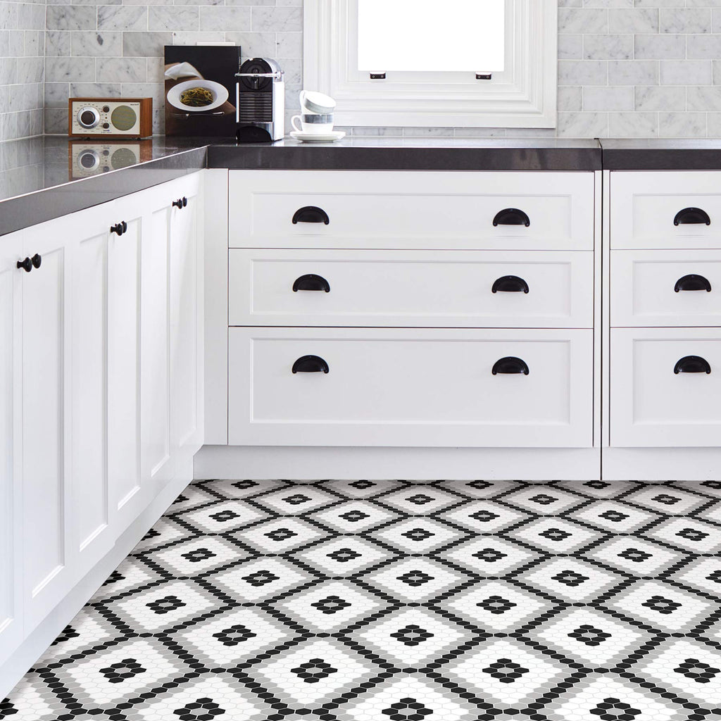 Leyton Peel and Stick Floor Tiles, Black, Geometric Vinyl Floor Tiles, Water Resistant, 12 in x 12 in, Pack of 10