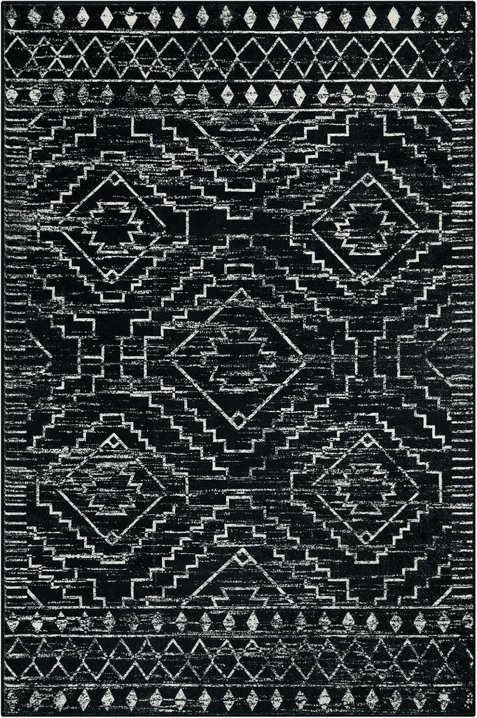 Moroccan Washable Rug 4x6, Black Boho Living Room Area Rug, Non-Slip Farmhouse Bedroom Carpet Dorm Room Throw Rug