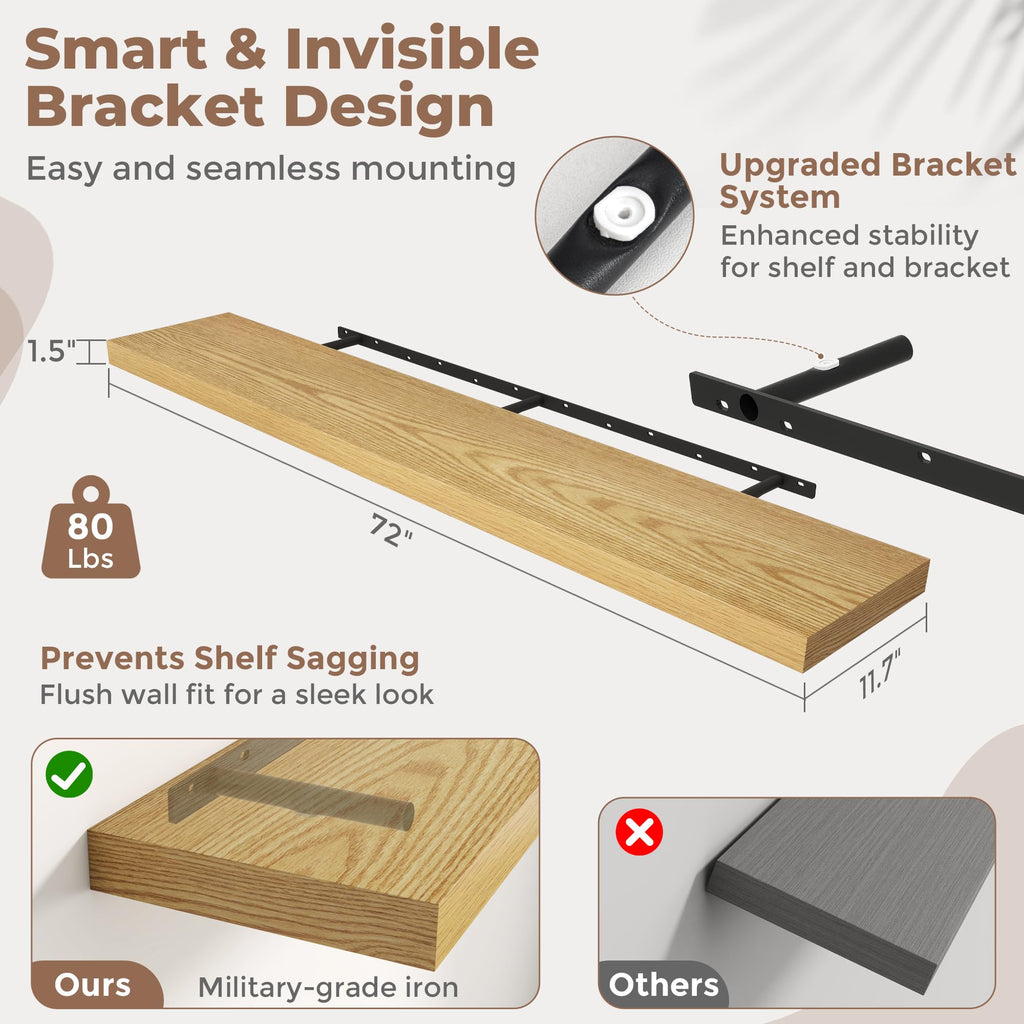 72 Inch Floating Shelves, 12"Deep Wall Shelf, 80 Lbs Capacity, Oak, 2pcs
