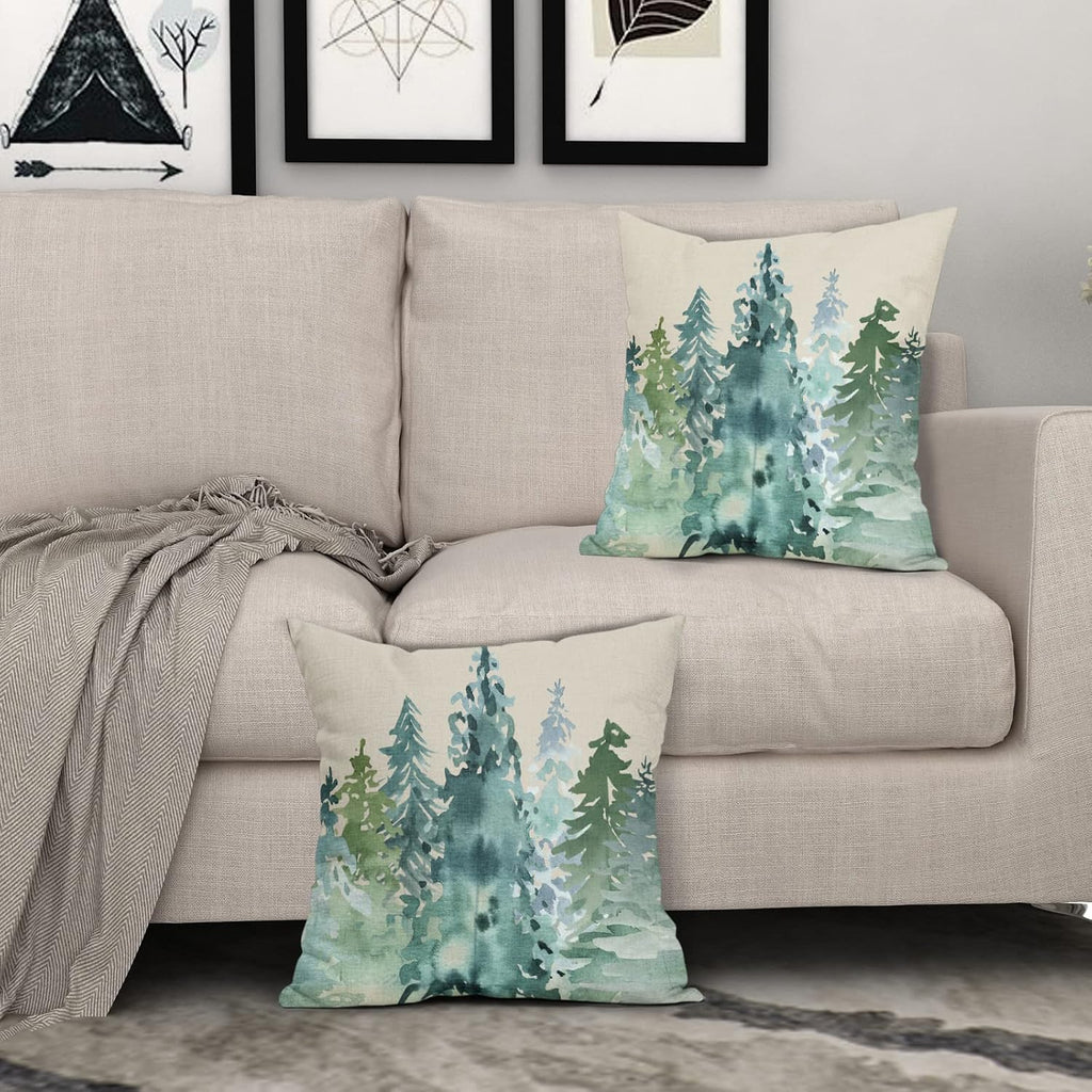 Winter Christmas Tree Pillow Covers 18x18 Blue Green Nature Forest Rustic Watercolor Style Print Decorative - Set of 2