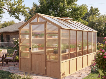 Heavy Duty Walk-in Wooden Greenhouse Kit, 4mm Polycarbonate Panels Green House with Adjustable Vents and Lockable