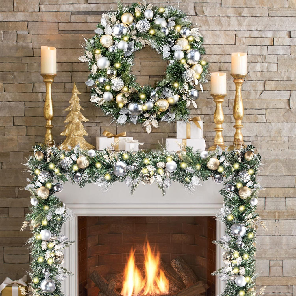 30 Inch Pre-Lit Soft Gold Silver Christmas Wreaths for Front Door