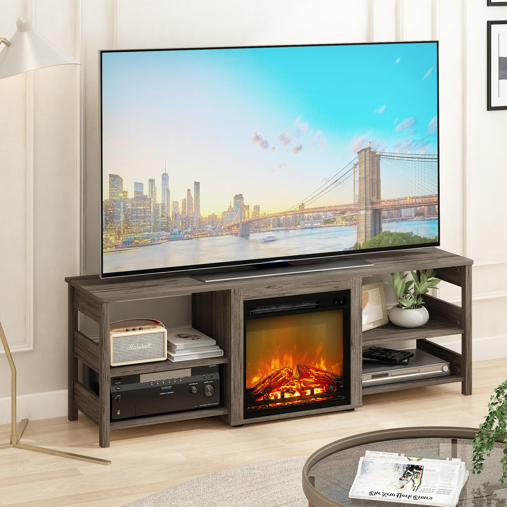 Classic TV Stand, Entertainment Center, TV Console for TV up to 70 Inch with Fireplace and Open Shelf, Grey Oak