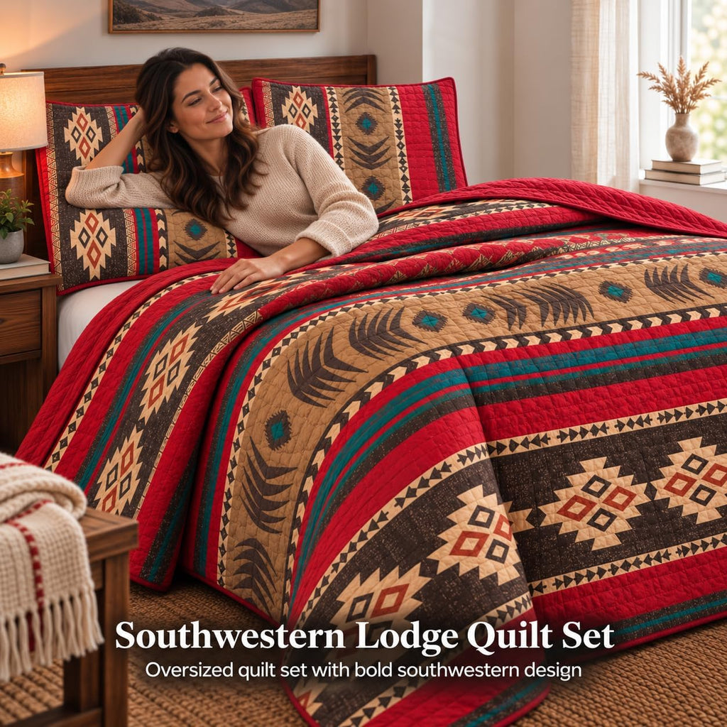 Western Southwestern Native American Tribal Navajo Design Oversize Quilted Bedspread in Brown Green and Burgundy