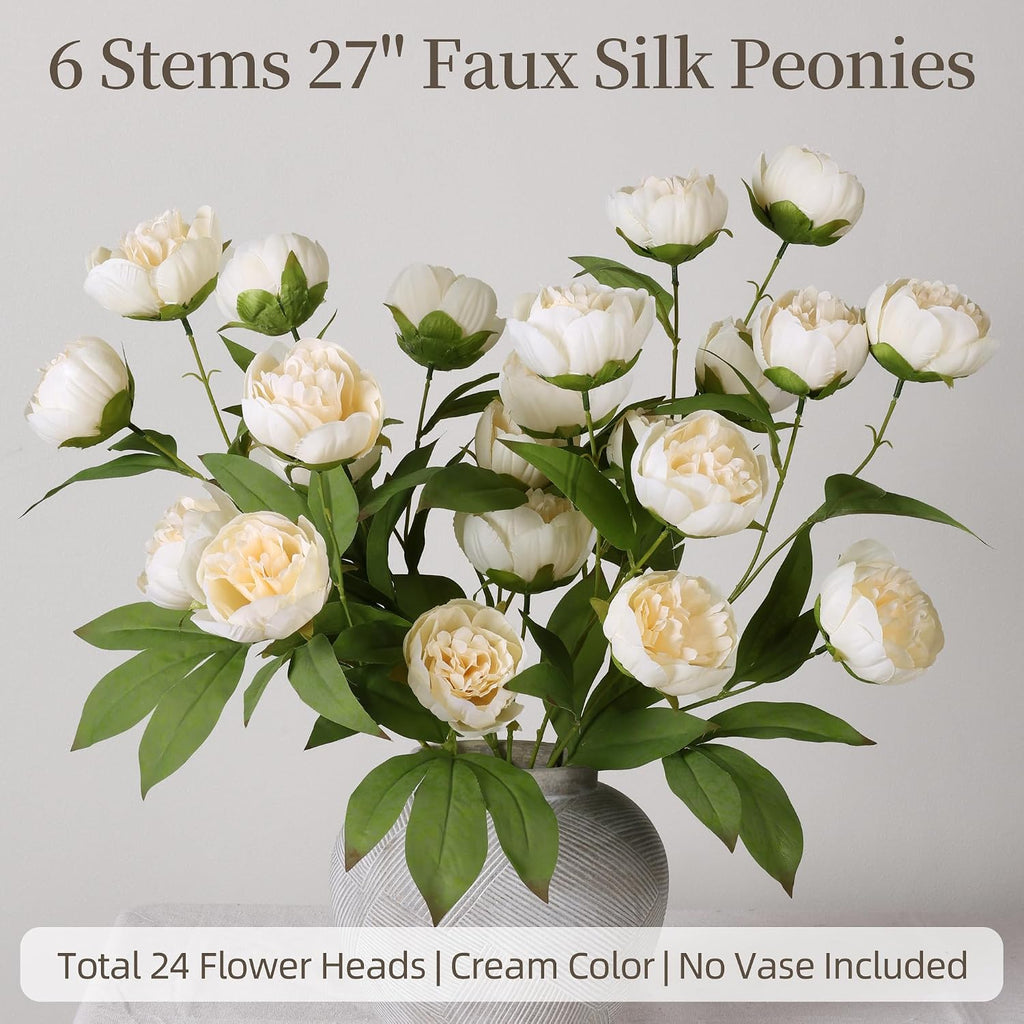 Peonies Artificial Flowers 27" Faux Flowers for Vase, Champagne - Set of 6