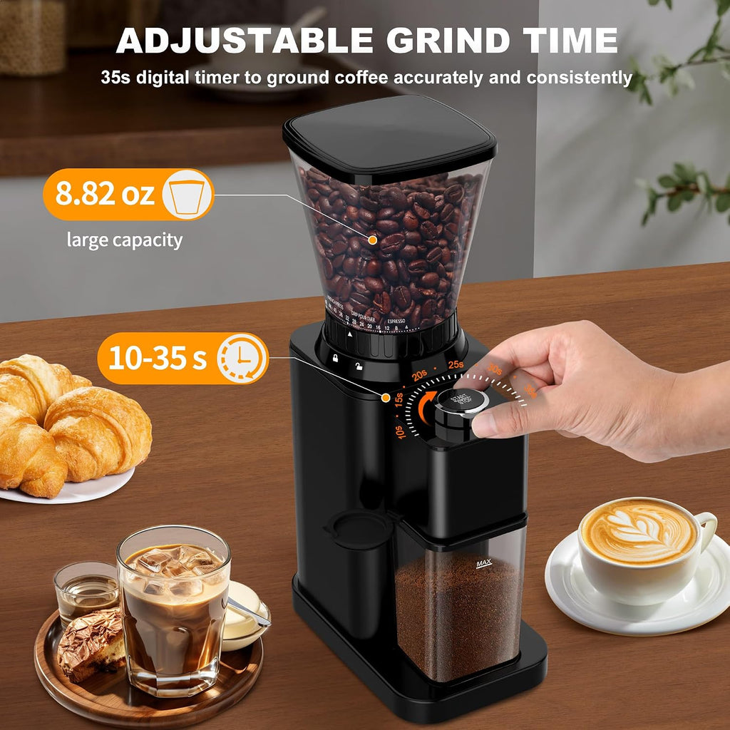 Electric Conical Burr Coffee Grinder with Portafilter Holder, Black | 48 Grind Settings, 35s Timer, Anti-Static, Easy