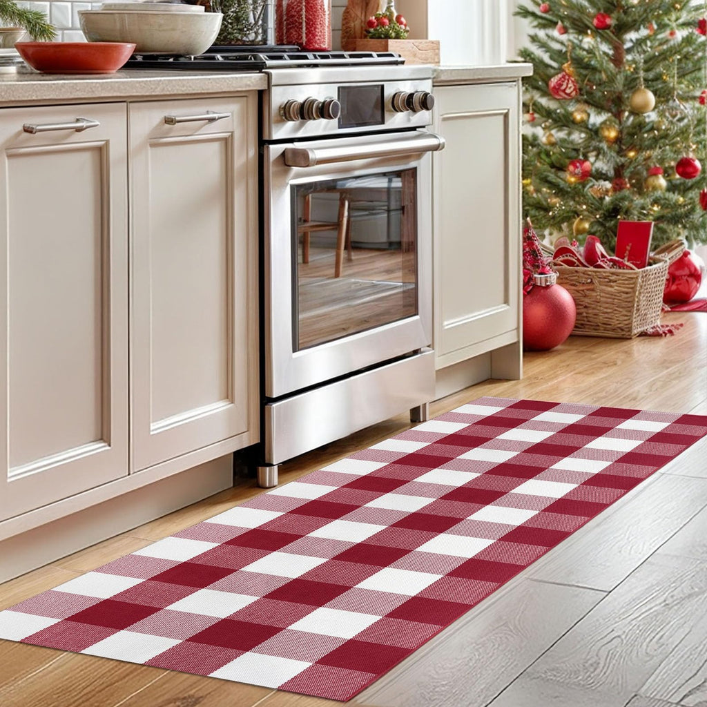 Christmas Buffalo Plaid Runner Rug 2x6, Washable, Red White