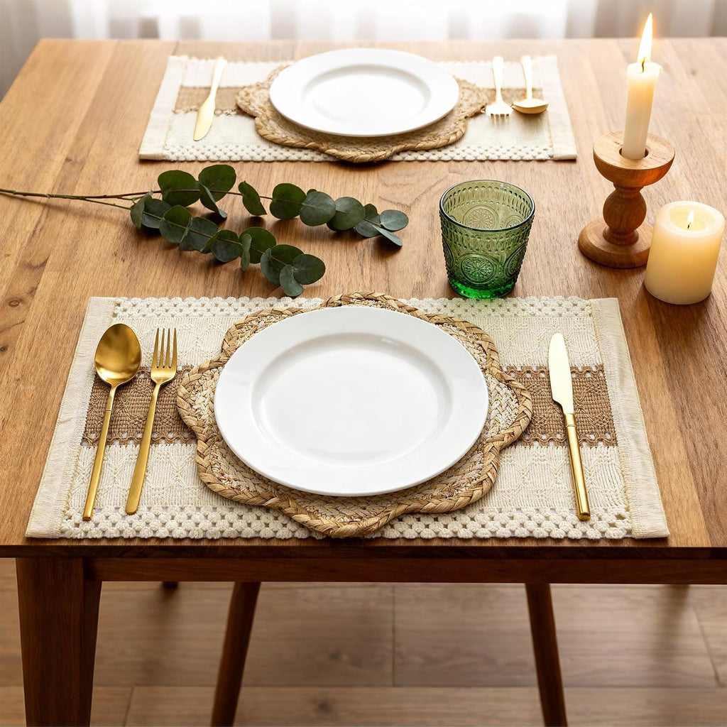 Sunflower Rattan Placemat Set, Woven Boho Table Mats, Natural - Set of 6
