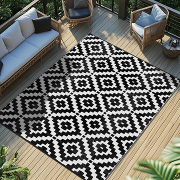 Outdoor Rug Black & White Waterproof Reversible Carpet Mat