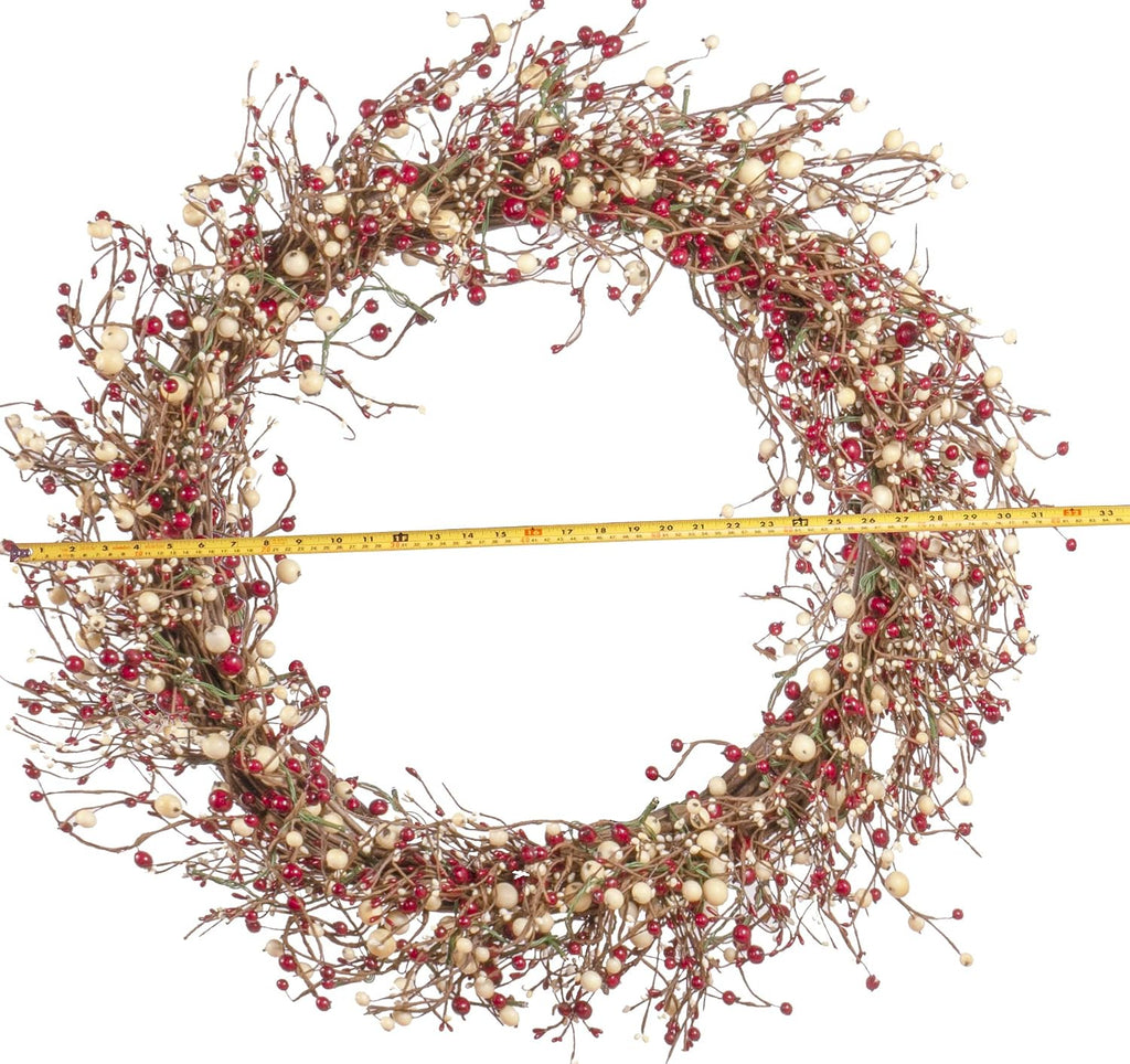30" Light-Up Christmas Wreath with Red and Cream Pip Berries, Battery-Operated LED Lights with Timer