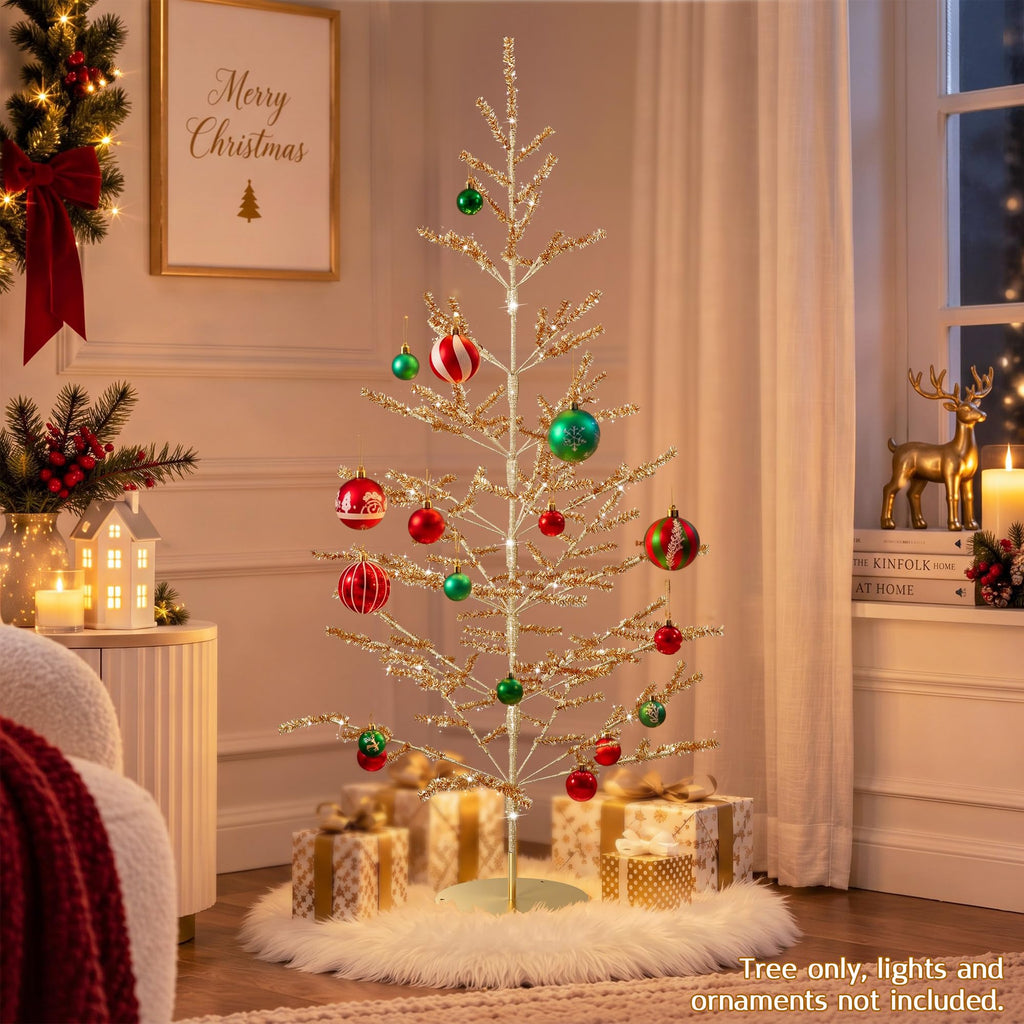 4ft Champagne Christmas Tree, Retro Aluminum Christmas Tree, Tinsel Trees