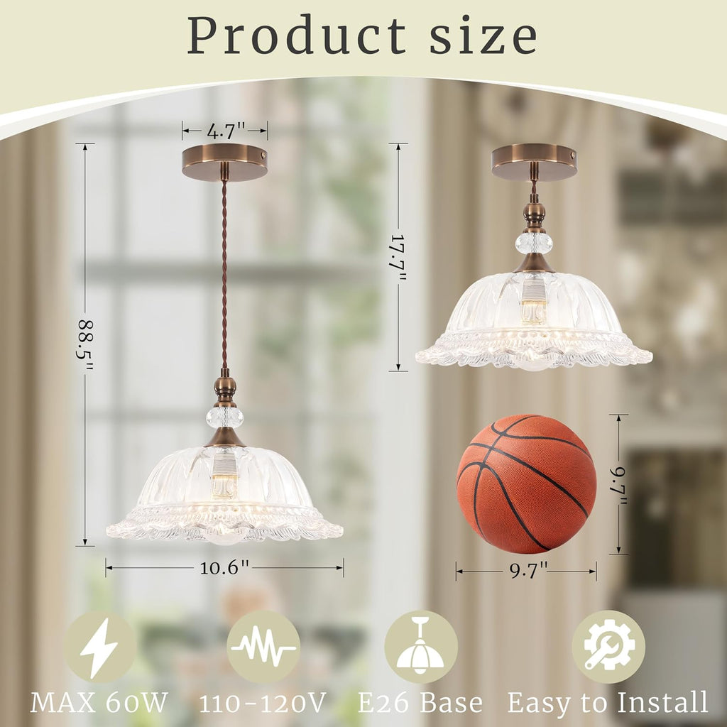 Vintage Pendant Light Fixtures for Kitchen Island Brass Gold 10.6" Glass Small Pendant Lights Adjustable Hanging