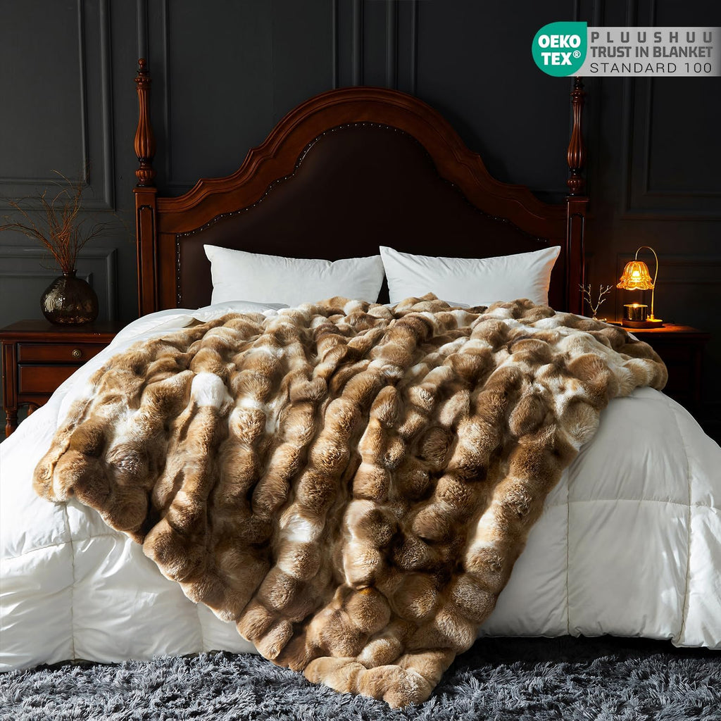 Faux Fur Throw Blanket for Couch, Fluffy Fuzzy Plush Bubble Blanket, Soft Warm Cozy Shaggy Rabbit Blanket, Luxury