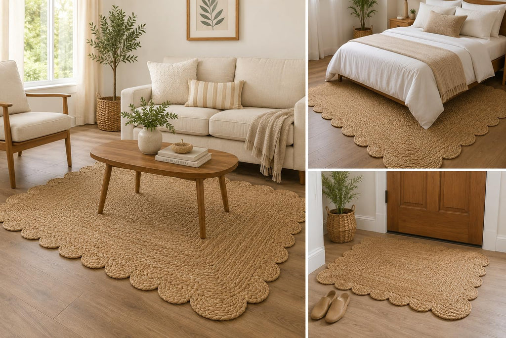 Weaving Cottage Scalloped Natural Jute Area Rug | Beige, 2X3 FT Handwoven Jute Doormat | Eco-Friendly, Durable, and