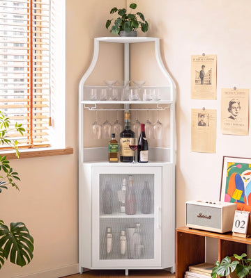 Corner Wine Rack Cabinet for Liquor Cabinet with Adjustable Shelves, 61 in Industrial Tall Bar Cabinet Freestanding