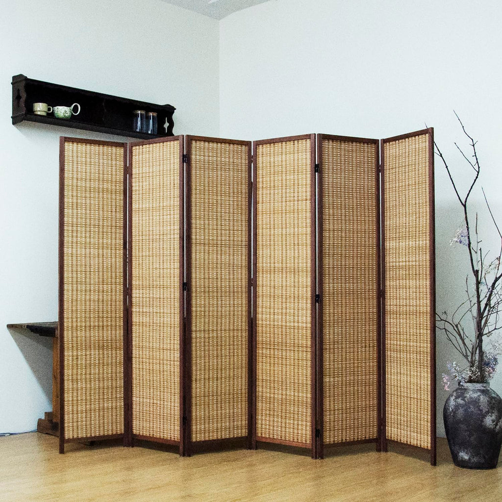 6 Panel Bamboo Room Divider - 5.6 ft Tall Brown Folding Privacy Screen, Double-Sided Freestanding Partition Wall with