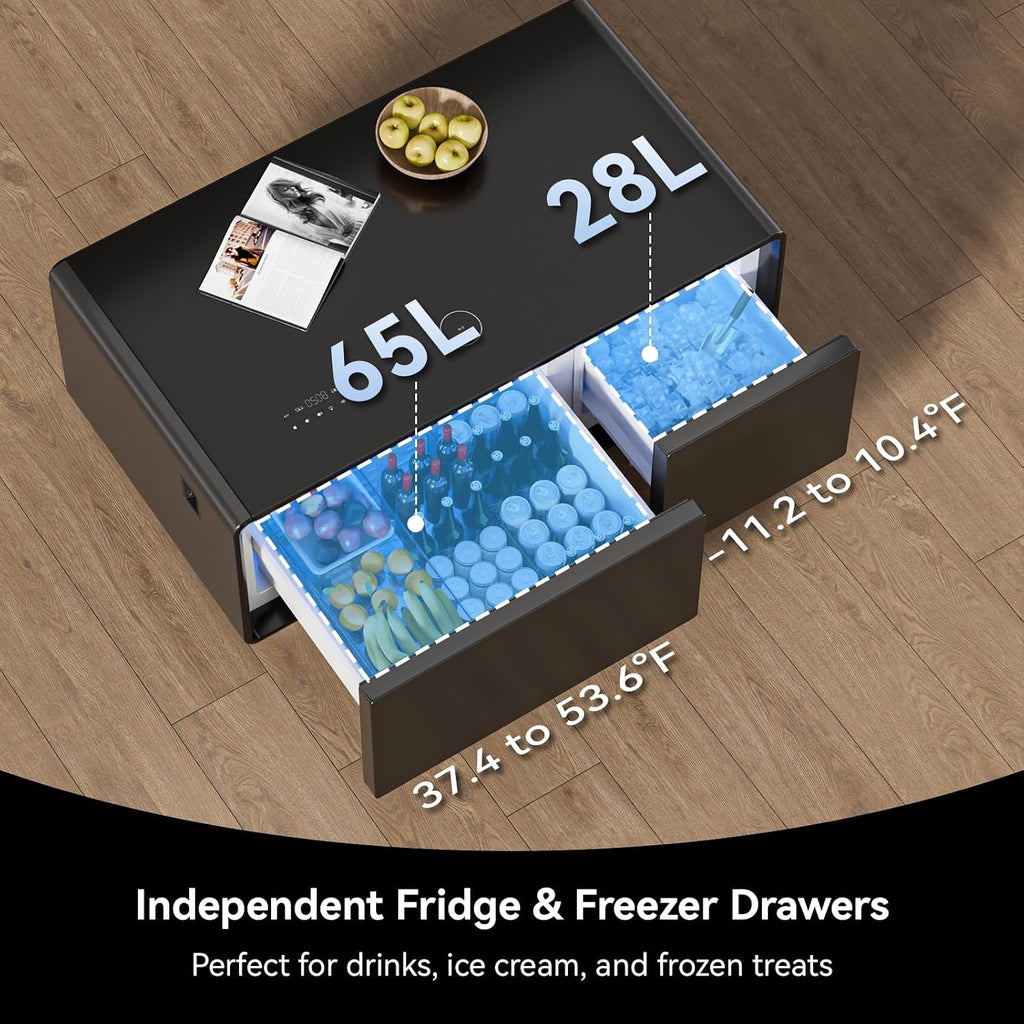 Smart Coffee Table with Refrigerator and Freezer Drawers - Wireless Charging, Bluetooth Speakers, LED - Black