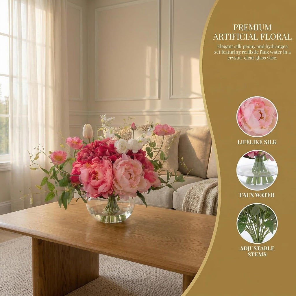 Artificial Flowers in Vase, Silk Hydrangea Bouquet and Peonies Artificial Flowers Table Centerpieces with Faux Water
