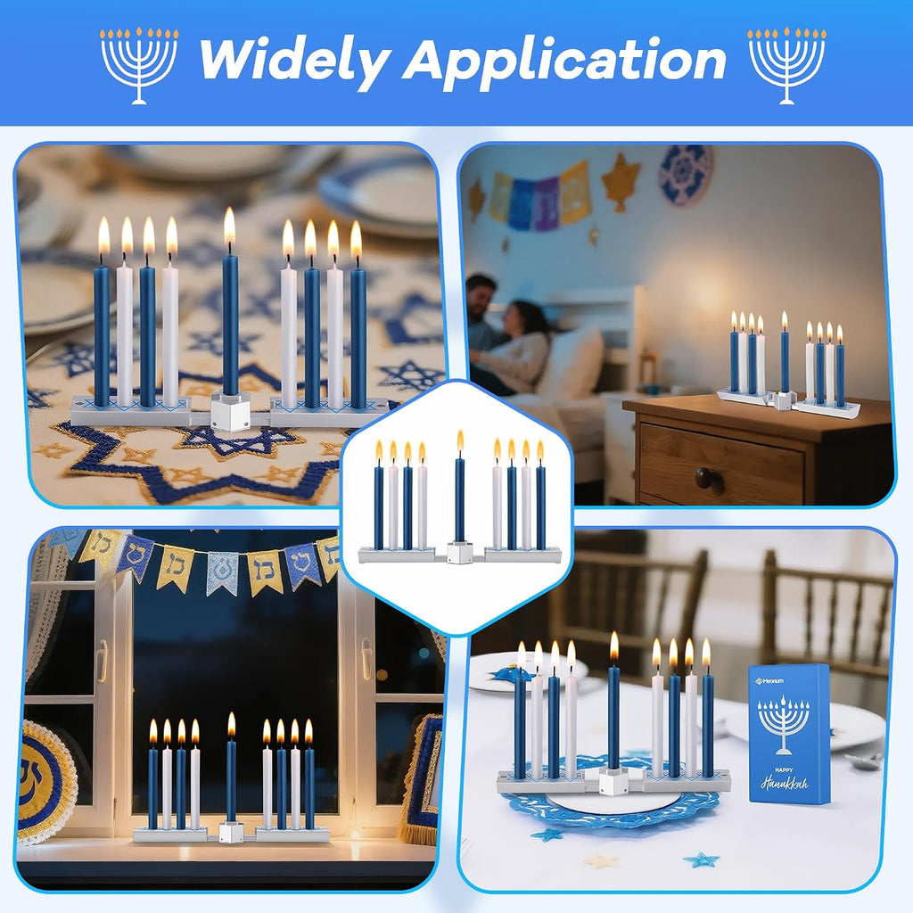 Folding Travel Chanukah with Candle Set, Foldable Hanukkah with 10 Blue and White Candles, Satin Silver, Fits