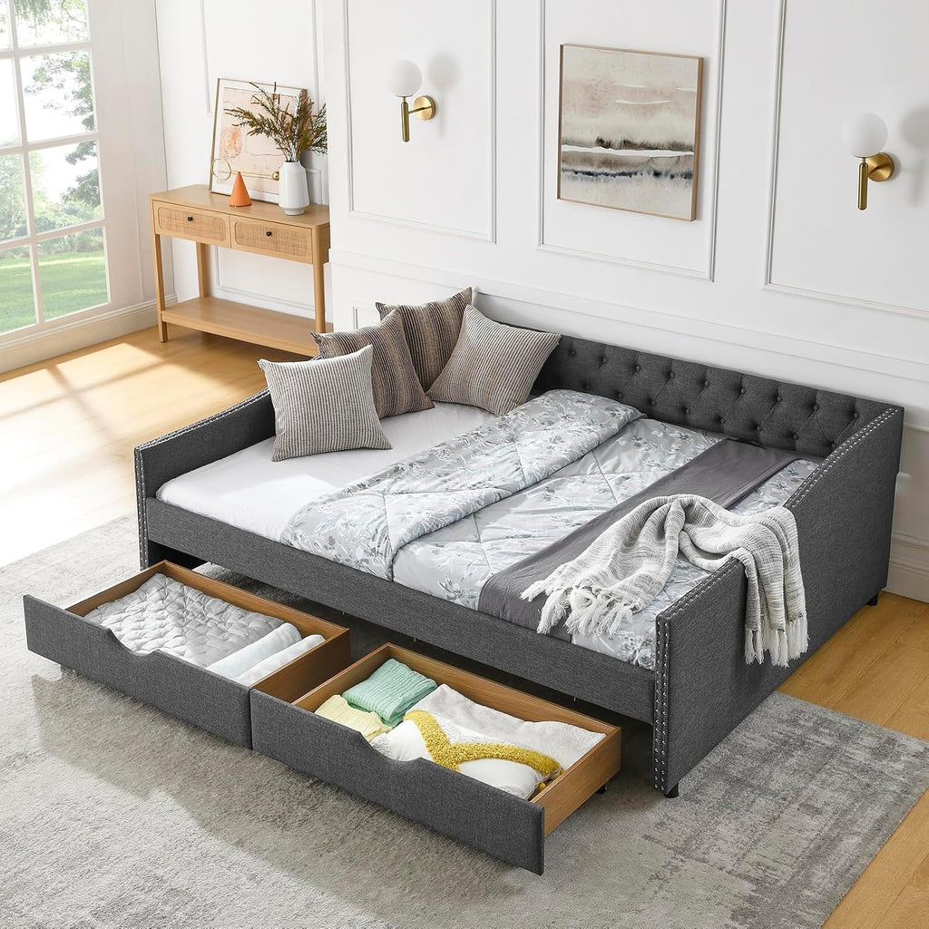 Wood Queen Size Daybed, Day Bed Frame with 2 Storage Drawers, Upholstered Bed Frame Queen Sofa Bed with Button and