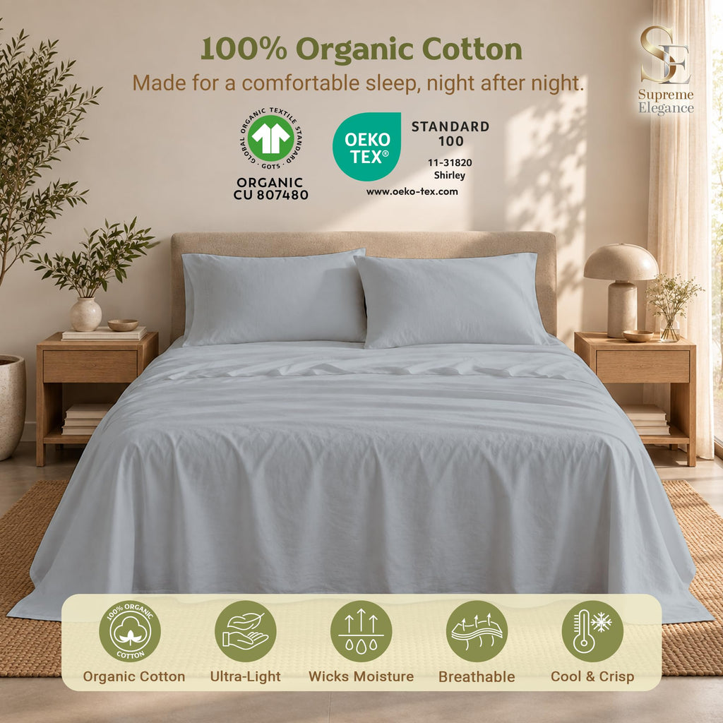 100% Organic Percale Cotton Twin Bed Sheets, Soft Silver
