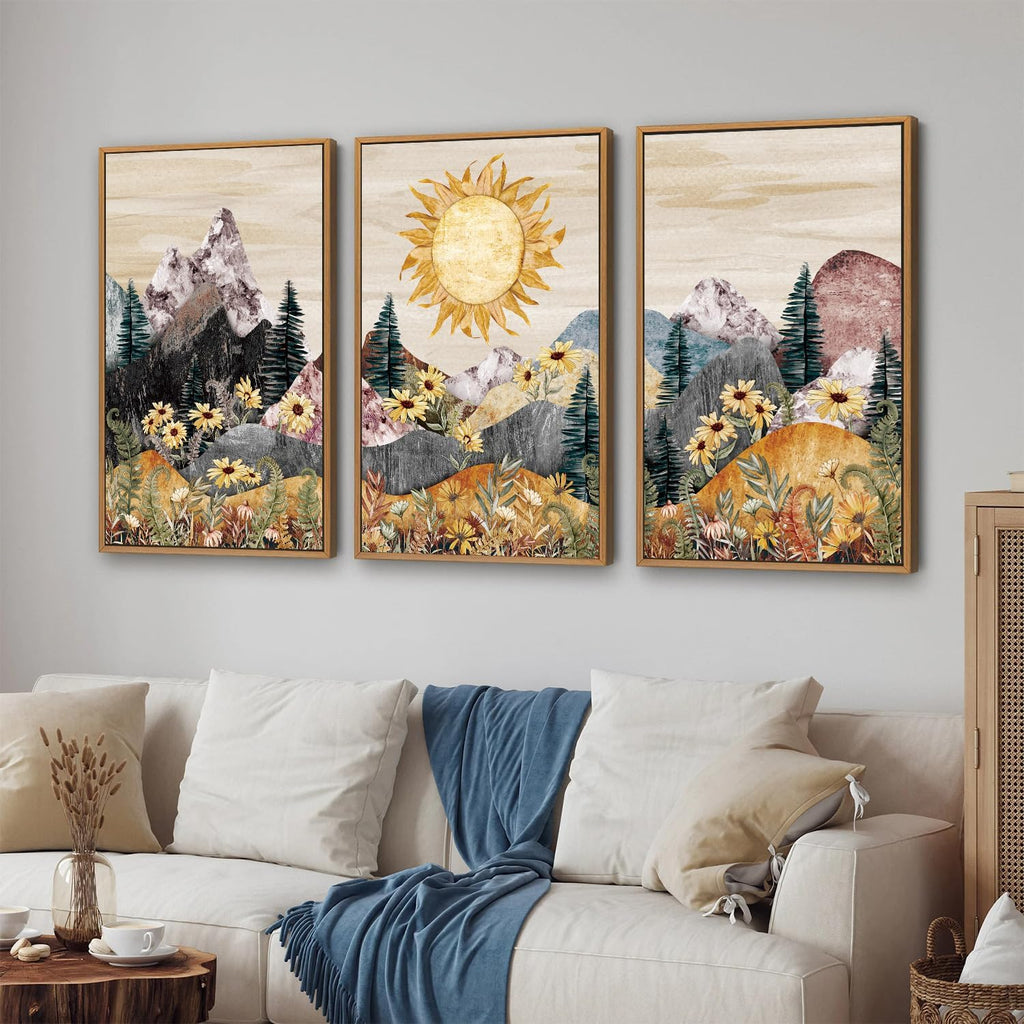 Boho Mountain Framed Canvas Wall Art, Western Daisy Floral Landscape Wall Decor, Rustic Fern Flowers Art Painting