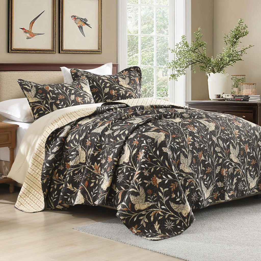 100% Cotton Quilt Set - Floral Quilted Comforter, Reversible Botanical Bird Pattern Farmhouse Quilt