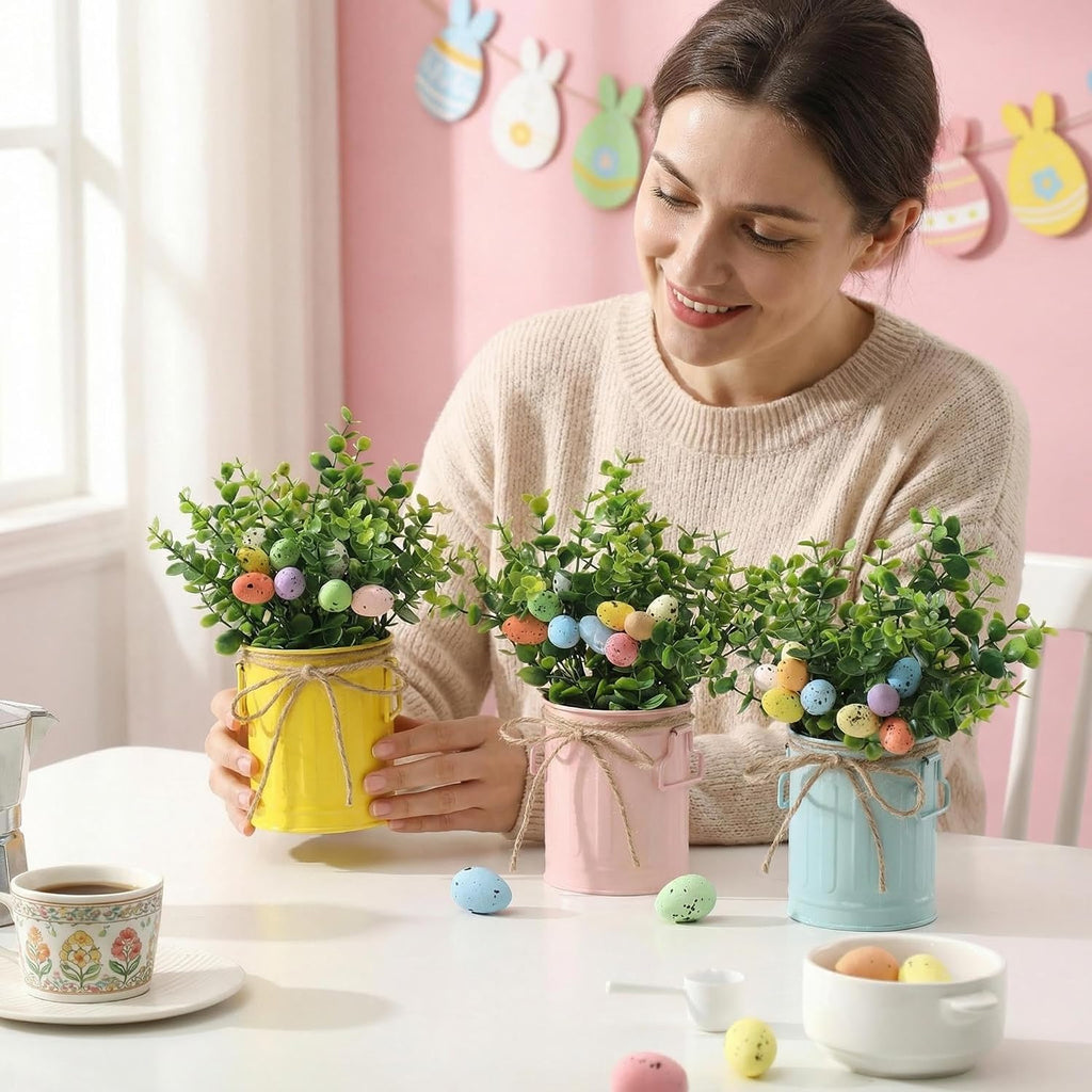 3 Pk Artificial Eucalyptus Potted Plants with Eggs Easter Farmhouse Decor